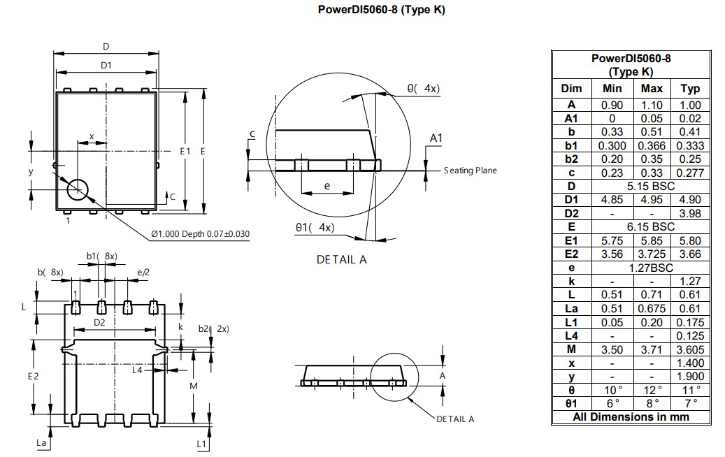 Mechanical Drawing - Diodes Incorporated DMTH41M2SPSQ N-Channel Enhancement Mode MOSFET
