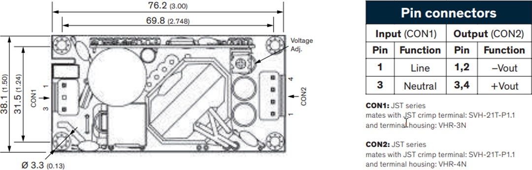 Mechanical Drawing - TRACO Power TPI 50A-J 50W AC-DC Industrial Power Supplies