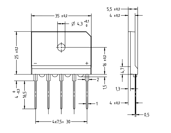 Mechanical Drawing - Diotec Semiconductor DBI25 3-Phase Diode Bridge Rectifiers