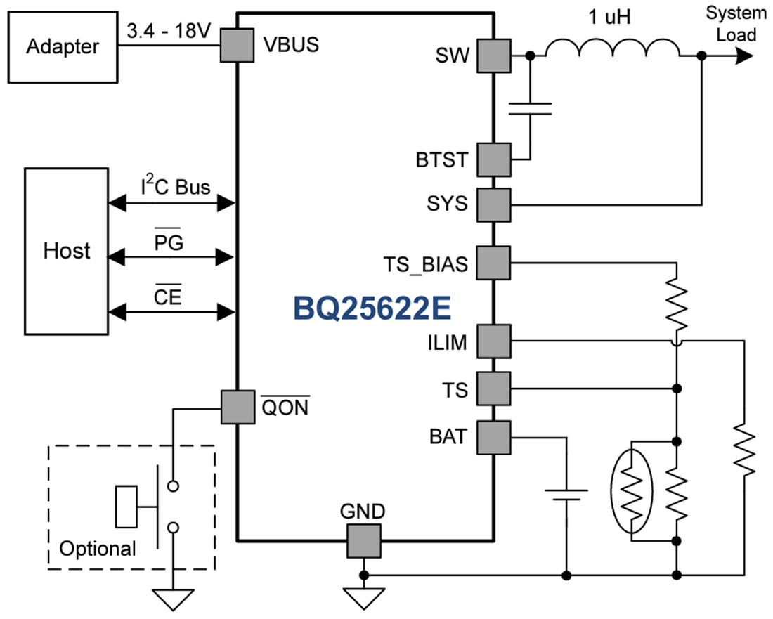 Application Circuit Diagram - Texas Instruments bq25622E I2C Controlled Buck Battery Charger