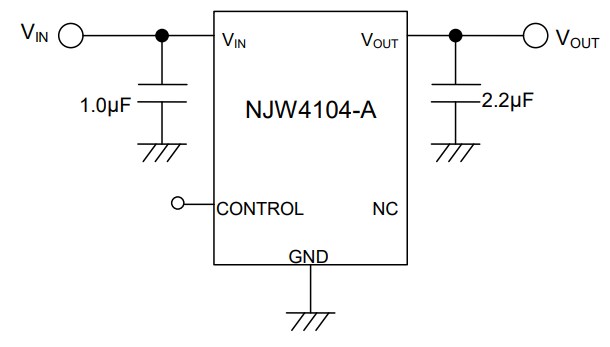 Application Circuit Diagram - Nisshinbo NJW4104/07 LDO Voltage Regulator ICs