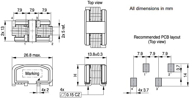 Mechanical Drawing - EPCOS / TDK ERUC23 SMT Flat Wire Coupled Inductors