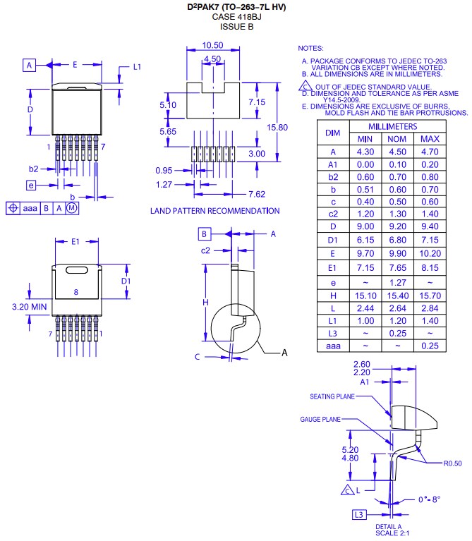 Mechanical Drawing - onsemi NVBG030N120M3S Silicon Carbide (SiC) MOSFET