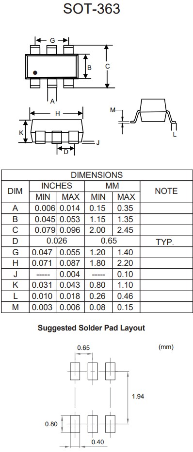 Mechanical Drawing - Micro Commercial Components (MCC) MMDT5551HE3 Dual NPN Transistor