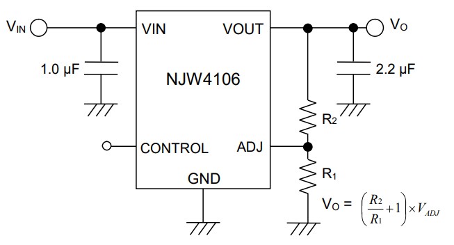 Application Circuit Diagram - Nisshinbo NJW4106-T1 Adjustable LDO Voltage Regulator IC