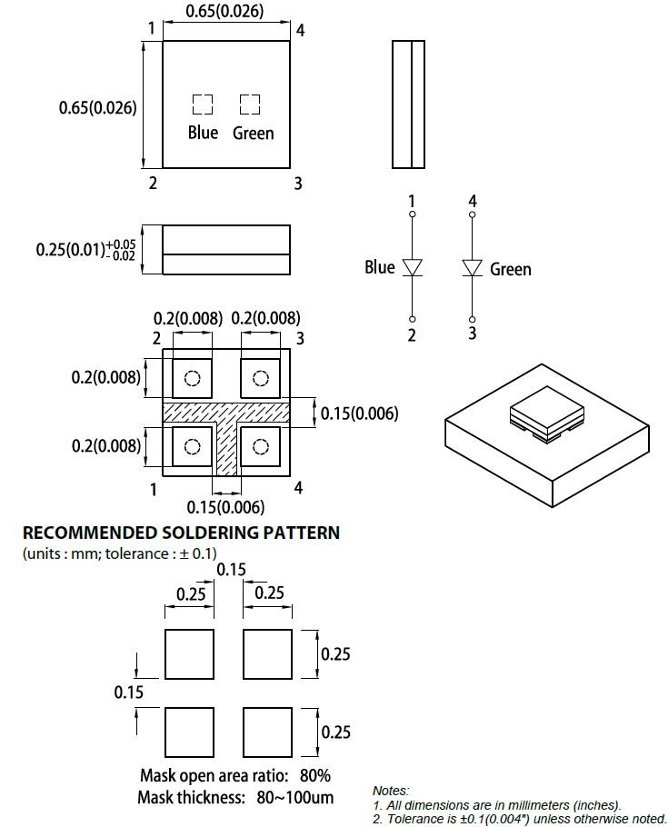 Mechanical Drawing - Kingbright APGB0607 Series Miniature 0202 Bi-Color SMD LEDs