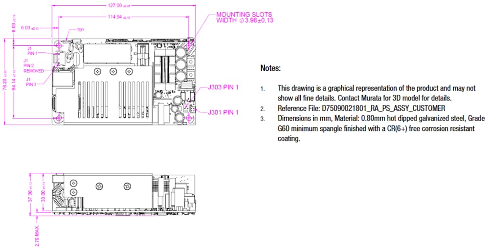Mechanical Drawing - Murata PQC600 600W Open-Frame Power Supplies