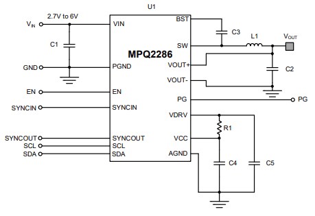 Application Circuit Diagram - Monolithic Power Systems (MPS) MPQ2286 Synchronous Buck Regulators