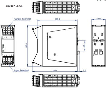 Mechanical Drawing - RECOM Power RACPRO1 DIN-Rail Power Supplies