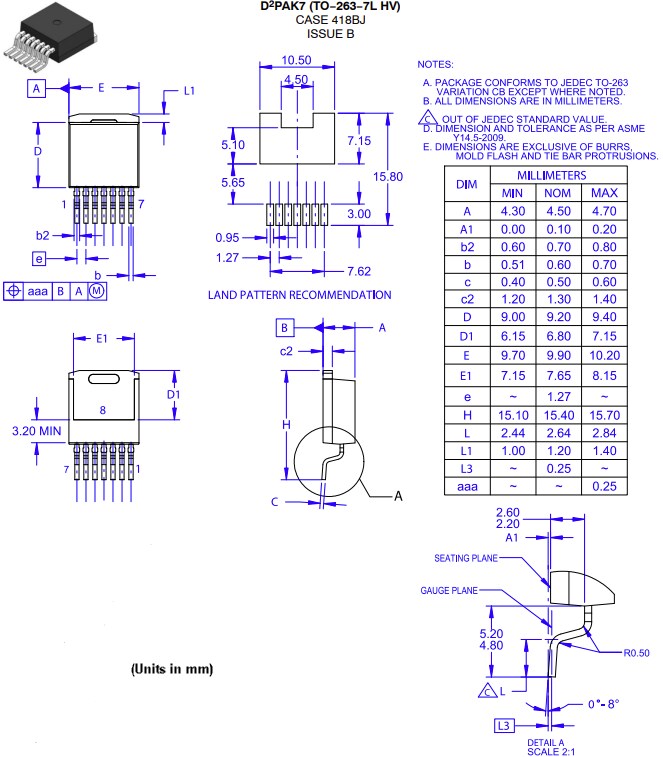 Mechanical Drawing - onsemi NTBG023N065M3S 23mΩ EliteSiC MOSFET