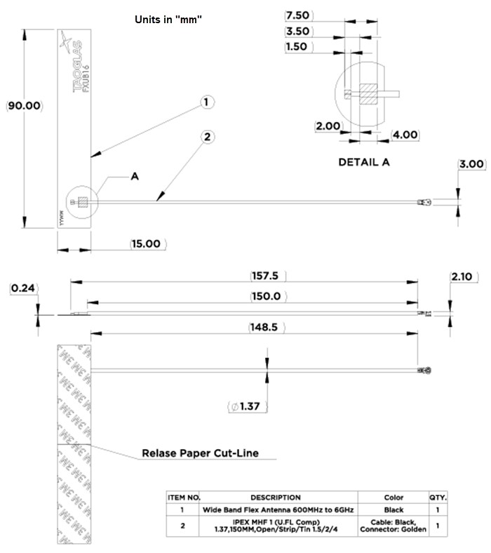 Mechanical Drawing - Taoglas FXUB16 PCB Antenna