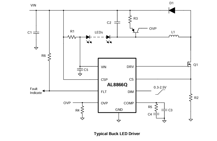 Application Circuit Diagram - Diodes Incorporated AL8866Q Buck-Boost, Boost, Buck & SEPIC Converter