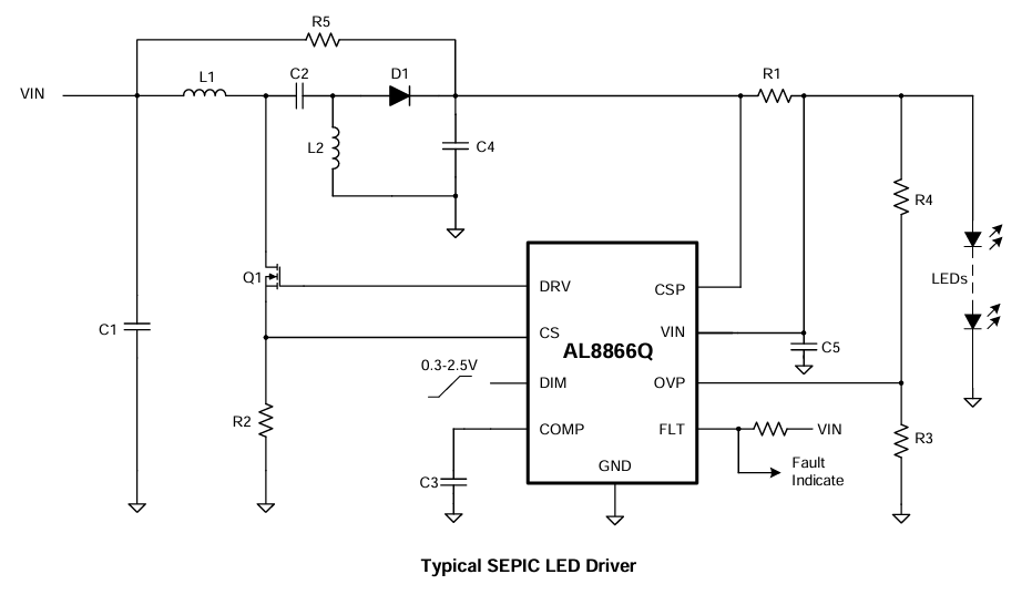 Application Circuit Diagram - Diodes Incorporated AL8866Q Buck-Boost, Boost, Buck & SEPIC Converter