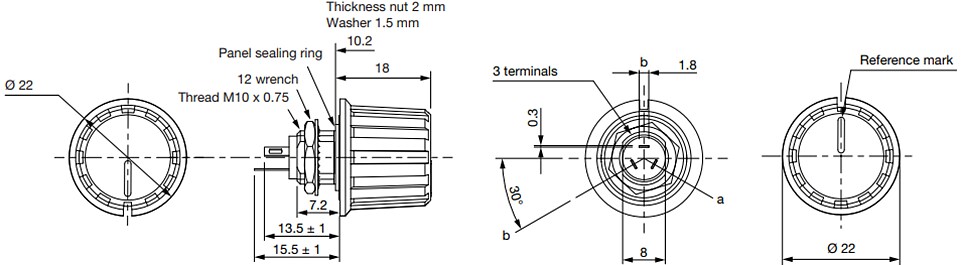 Mechanical Drawing - Vishay / Sfernice P16FNP Cermet Knob Potentiometers