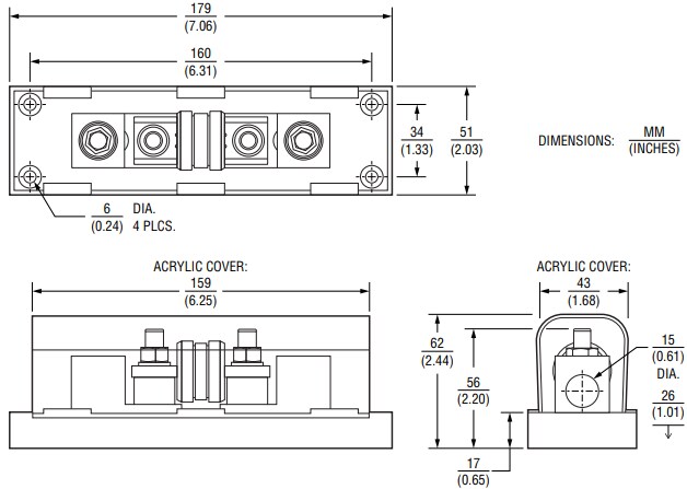 Mechanical Drawing - Bourns CFB Riedon™ Class T Fuse Blocks