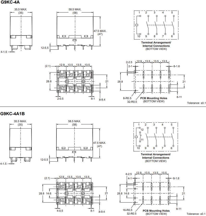 Mechanical Drawing - Omron Electronics G9KC AC Multi-Pole PCB Power Relays