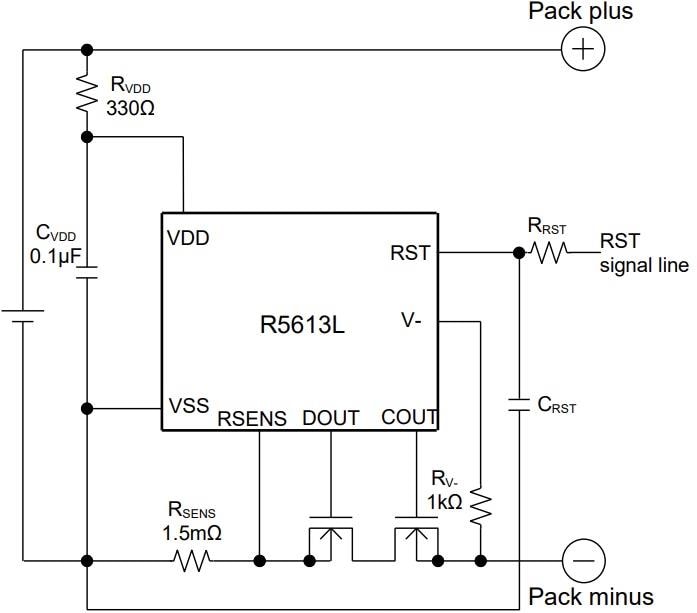 Application Circuit Diagram - Nisshinbo R5613L 1-cell Li-ion Battery Protection IC