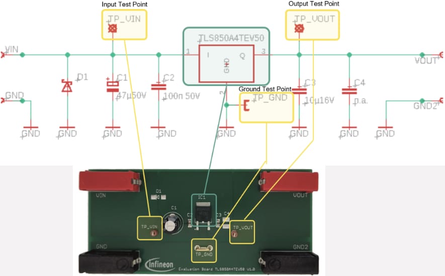 Schematic - Infineon Technologies TLS850A4TEV50 Demonstration Board