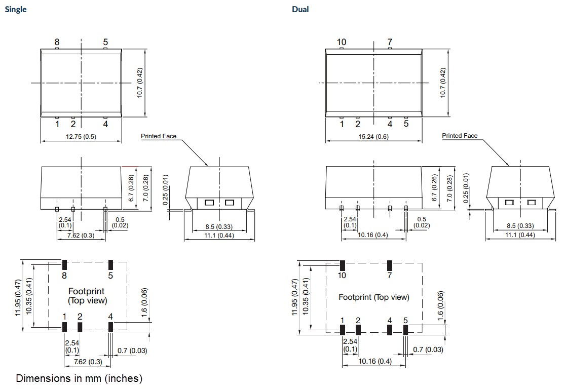 Mechanical Drawing - XP Power PBT01F & PBT02F SMT DC-DC Converters