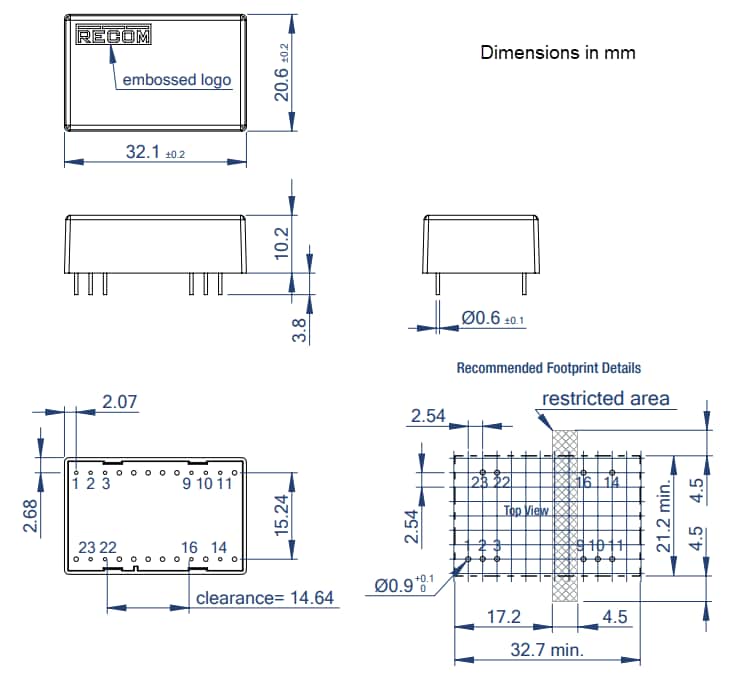 Mechanical Drawing - RECOM Power REC10K-RW 10W Regulated DC-DC Converters