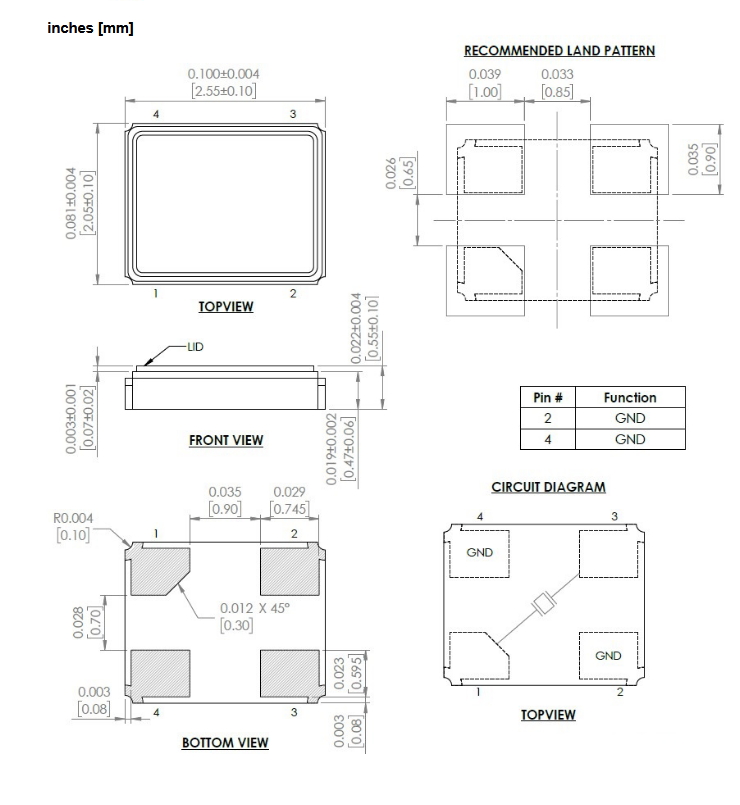 Mechanical Drawing - Abracon ABM10N 2520 Low-ESR, Low-CL Ceramic SMD Crystals