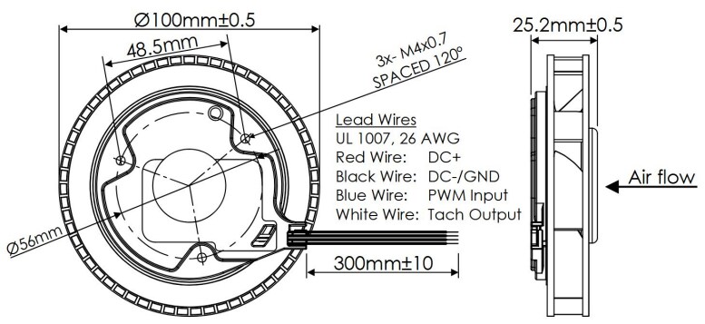 Mechanical Drawing - Orion Fans ODC10025 Compact 100x25mm DC Centrifugal Blowers