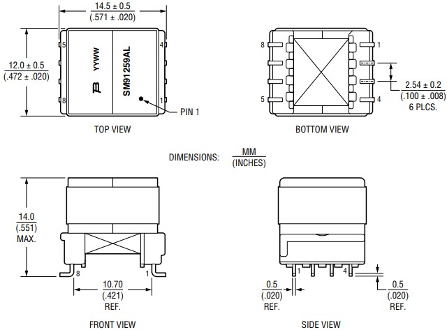 Mechanical Drawing - Bourns SM91259AL Power Transformer
