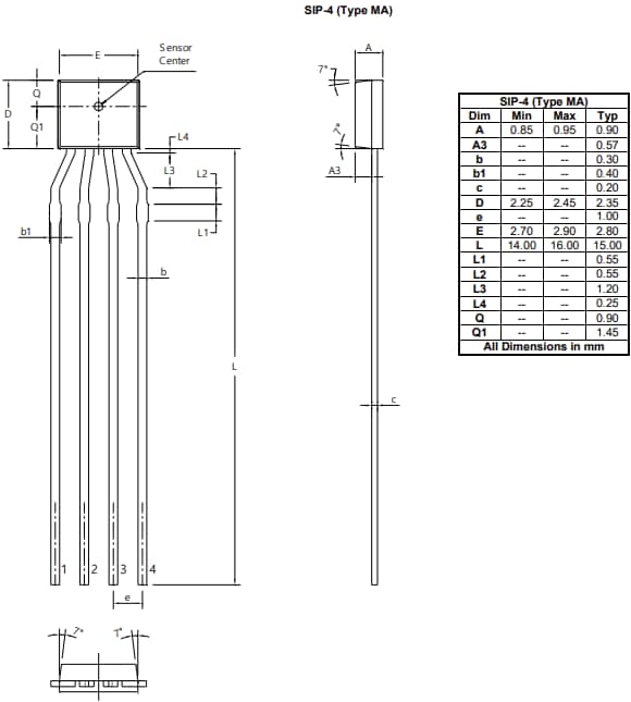 Mechanical Drawing - Diodes Incorporated AHE300 InSb Hall Elements