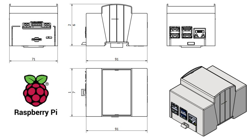 Mechanical Drawing - Industrial Shields GateBerry Raspberry Pi 4B Gateways
