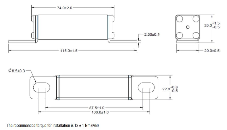Mechanical Drawing - Eaton Electronics EKC25 High-Voltage EV Fuses