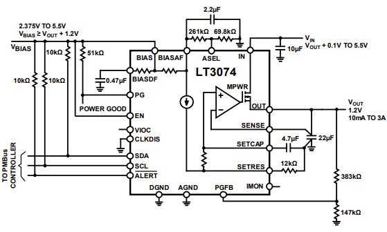 Application Circuit Diagram - Analog Devices Inc. LT3074 Dropout Linear Regulators
