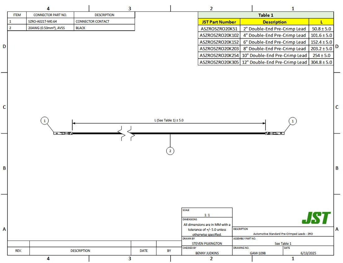 Mechanical Drawing - JST Connectors ZRO Automotive Rectangular Cable Assemblies