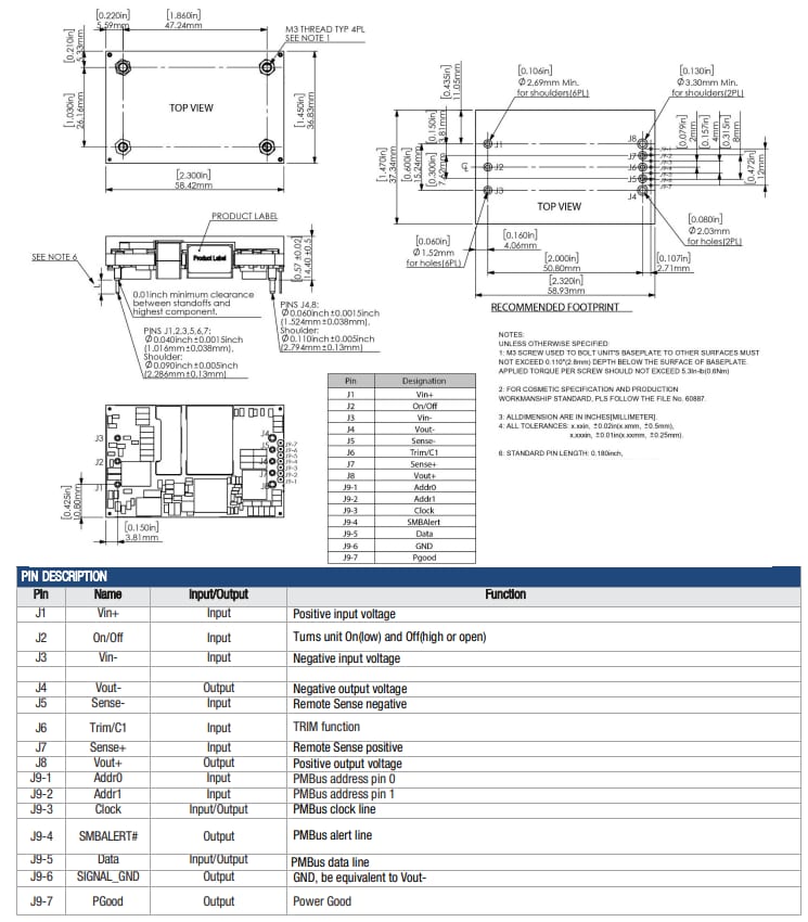 Mechanical Drawing - Murata Power Solutions MPQ700 700W Quarter-Brick Digital DC-DC Converters