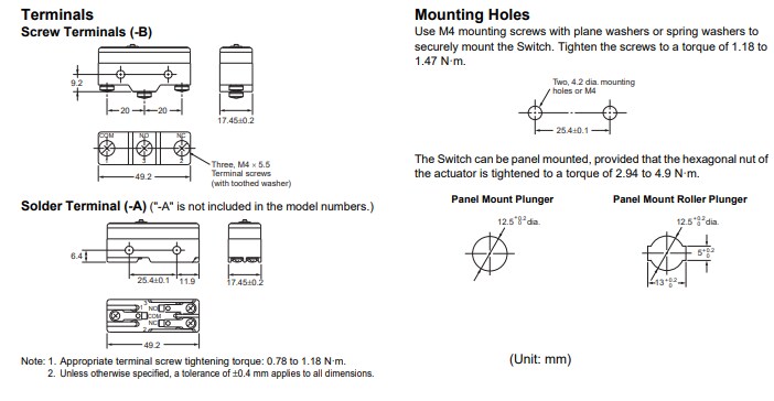 Mechanical Drawing - Omron Industrial Automation A Series General-Purpose Basic Switches