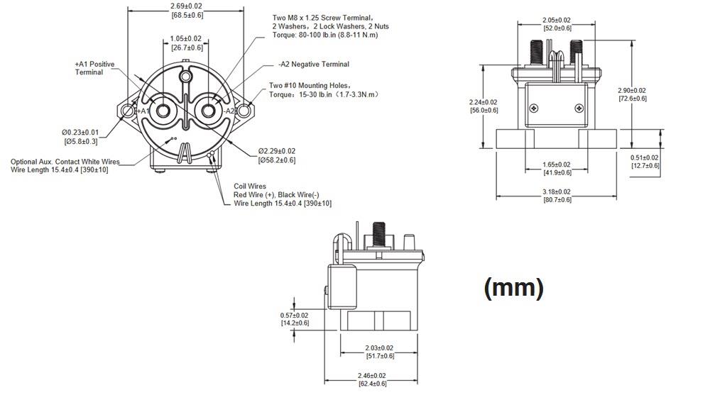 Mechanical Drawing - Altran Magnetics AEV250 High-Voltage DC Contactors