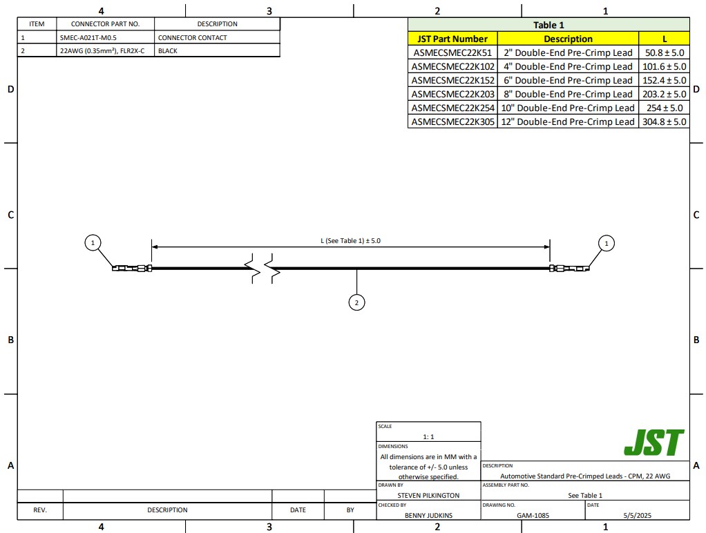 Mechanical Drawing - JST Connectors CPM Automotive Rectangular Cable Assemblies