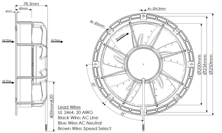 Mechanical Drawing - Orion Fans OE25079 250mm x 78.5mm Dual-Speed EC Fans