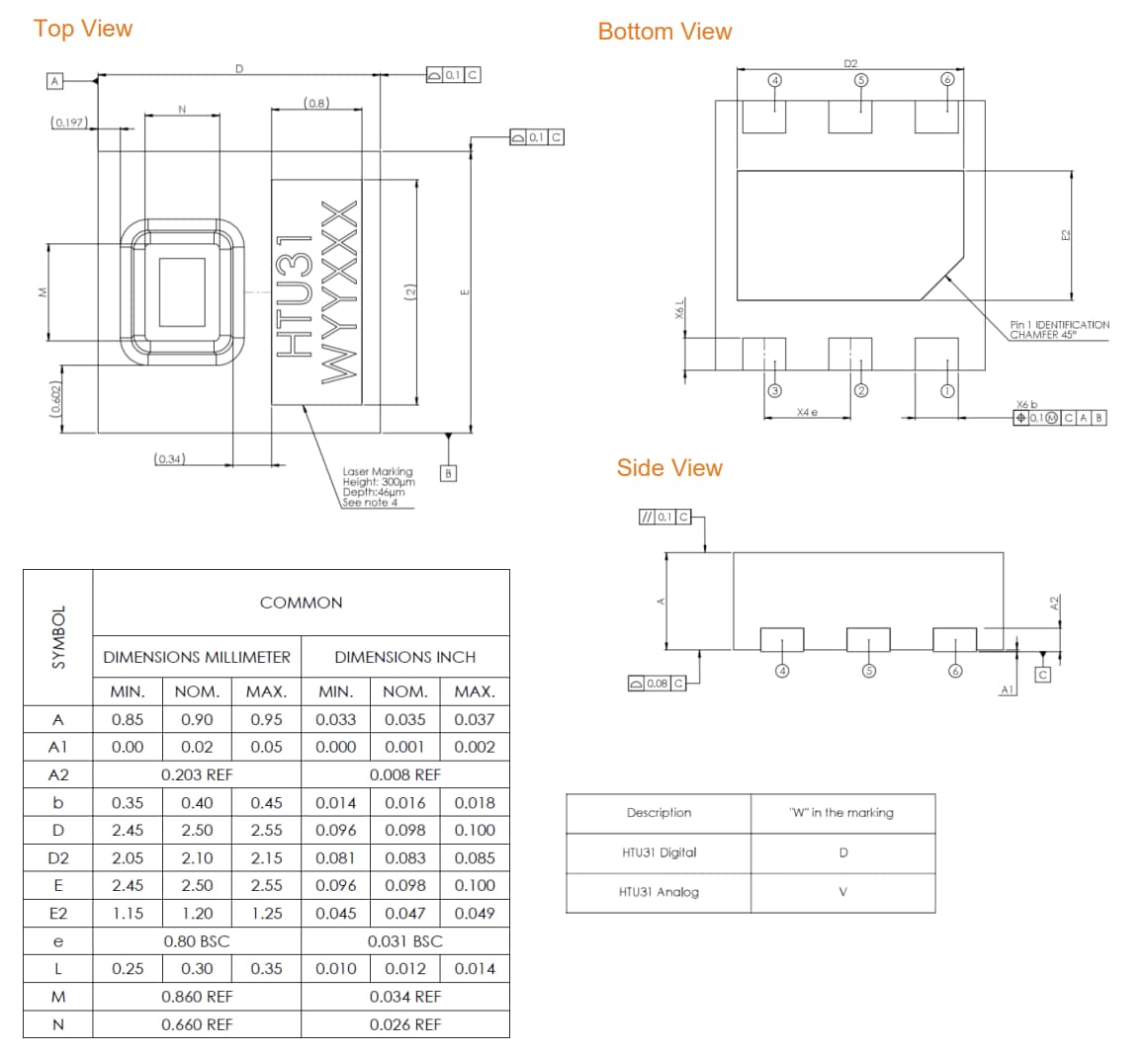 Mechanical Drawing - TE Connectivity HTU31 Relative Humidity & Temperature Sensors