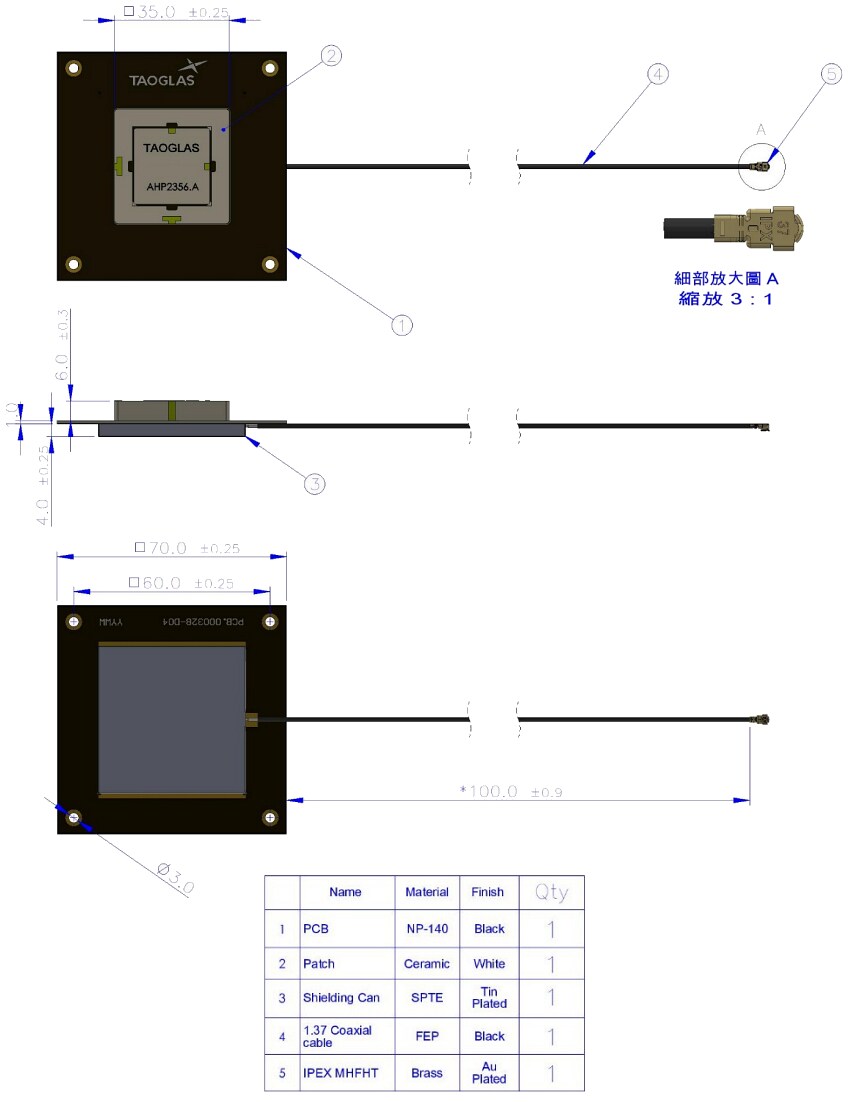 Mechanical Drawing - Taoglas AHP2356A Active 2-Stage LNA GNSS Antenna