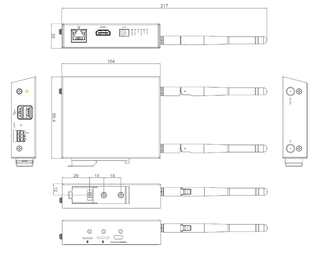 Mechanical Drawing - EDATEC ED-IPC1100 Raspberry Pi CM0 Industrial Computers