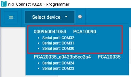 Device selection in the nRF Connect Programmer app