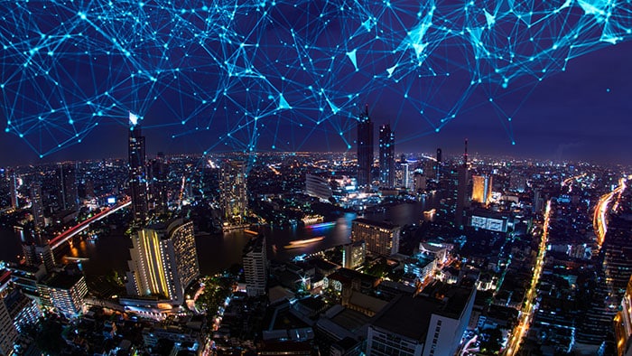 Smart city and internet of things, wireless communication network, abstract image visual,IoT Internet of Things,5G network digital hologram.