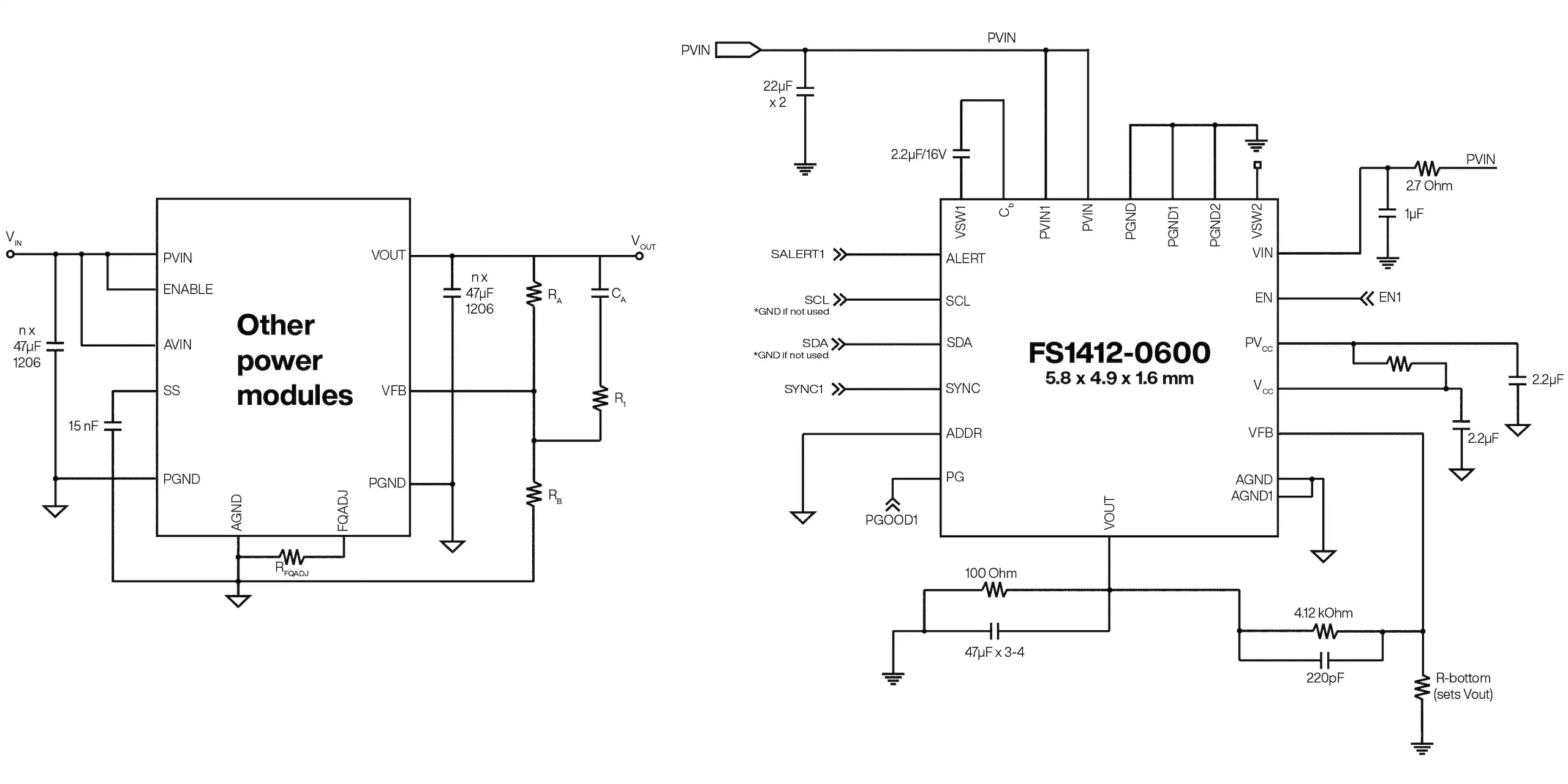 Click to view full size Block diagrams comparing the FS1412 products to other 8-12A power modules