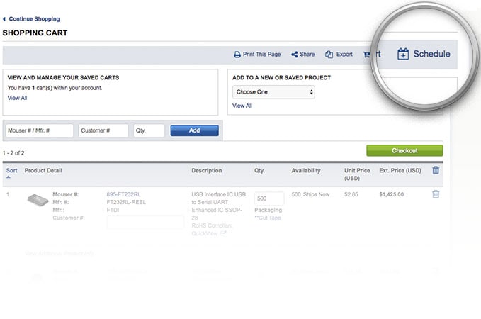 Schedule Order button highlighted on Shopping Basket page.